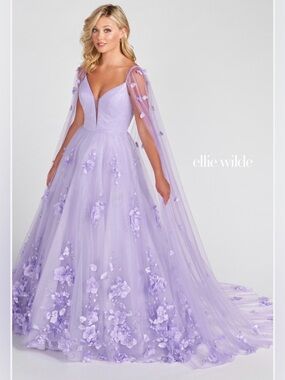 Ellie Wilde Lilac Embroidered Lace Organza Sparkly Prom Dress w/Cape Sleeves 6